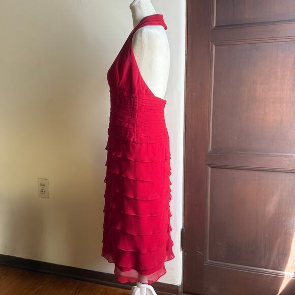 TADASHI SHOJI Red Silk Chiffon Ruffle Skirt Halter Sheath Cocktail Dress Medium - Picture 2 of 8